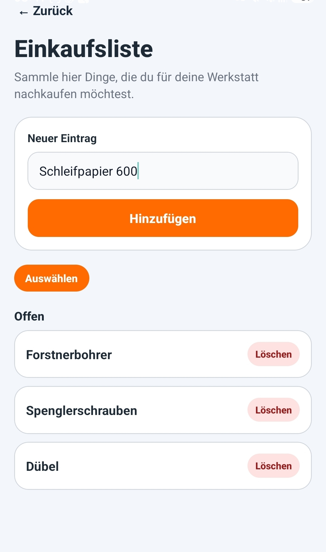Screenshot Einkaufsliste in WerkFuchs Pro