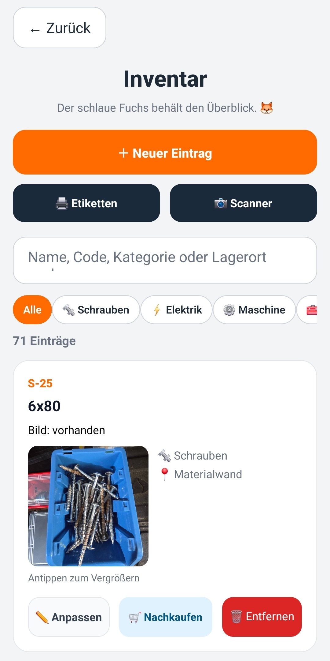 Screenshot Inventar in WerkFuchs Pro