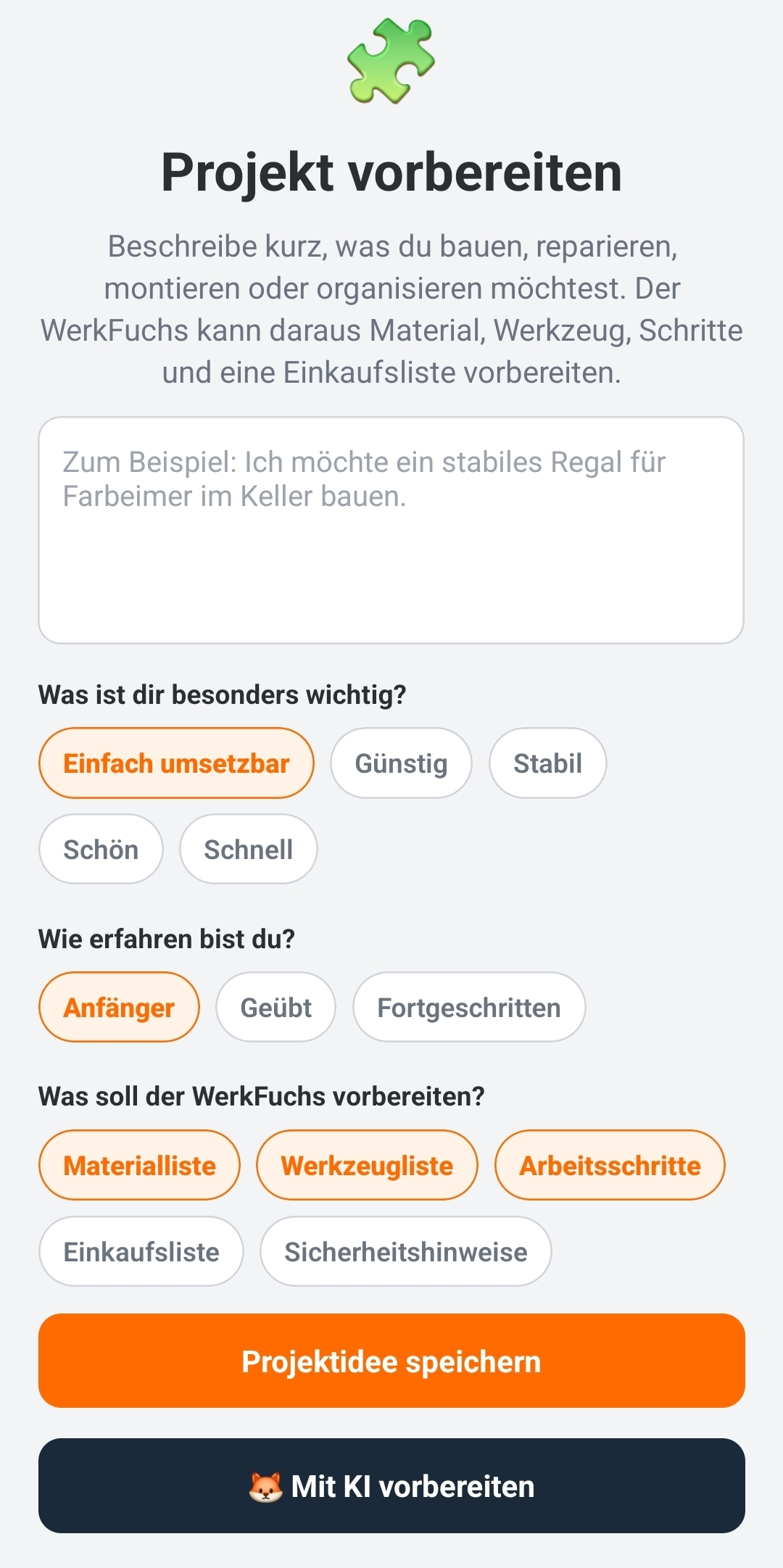 Screenshot Projekt vorbereiten in WerkFuchs Pro